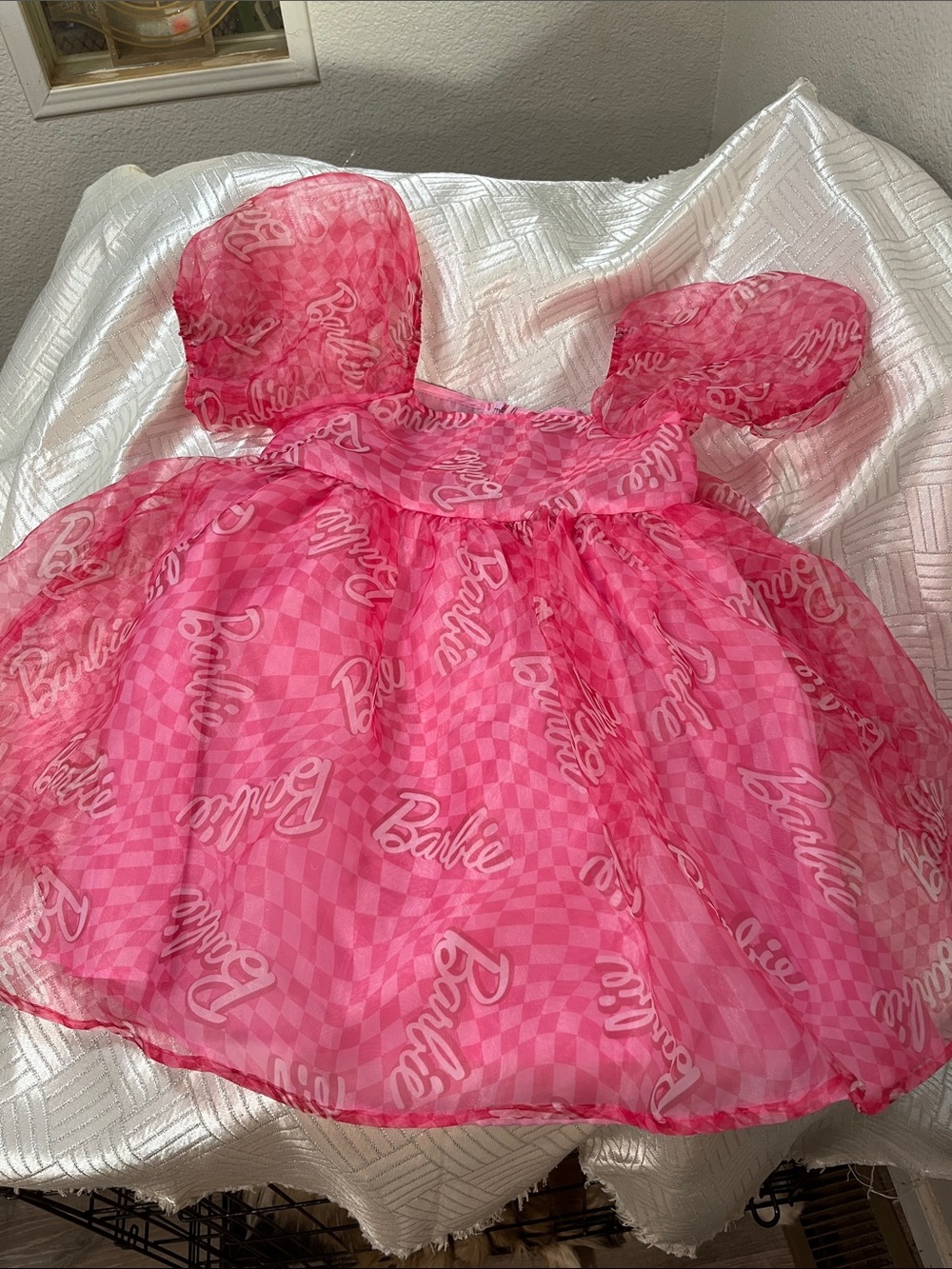 Barbie Pink Logo Print Puffy Sleeve Tulle Party Dress